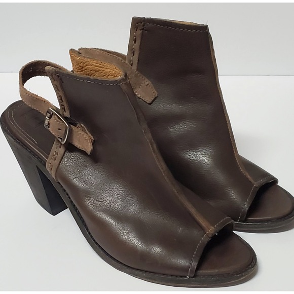 Frye Izzy Artisan Bootie/Mule 10 Brown Leather Chunky Heel Slingback Peep Toe - Picture 4 of 14